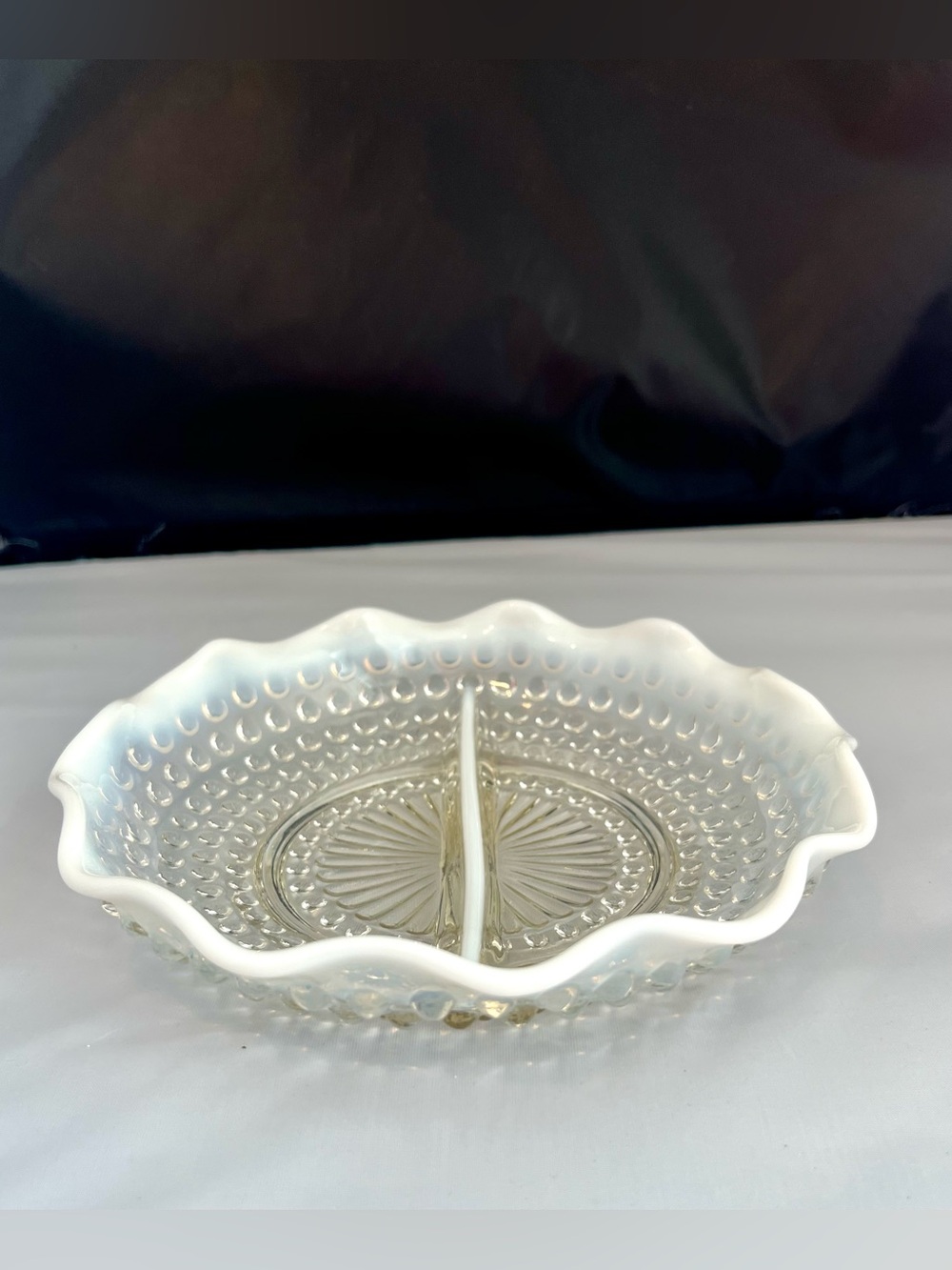Vintage Anchor Hocking Moonstone Opalescent Hobnail Divided Dish Ruffled Edge